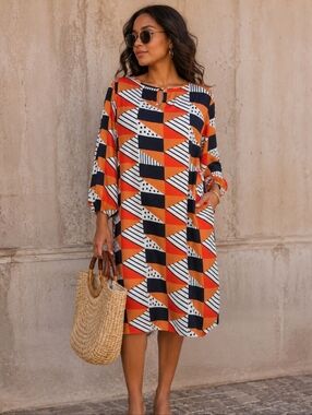 Odells Geometric Tunic Dress XL Orange Navy Retro Mod Boho Flowy Statement